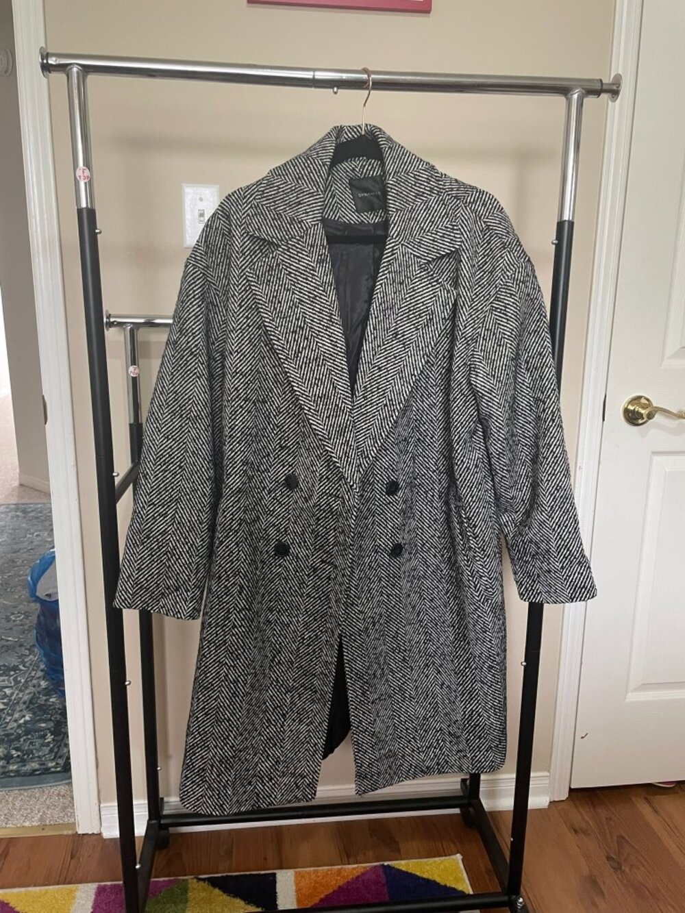 Oversized Herringbone Coat, Black White, M